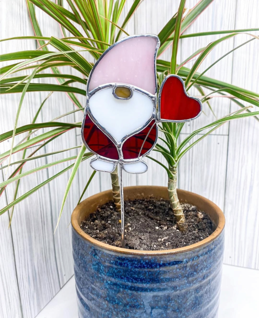 Handmade stained glass gnome suncatcher in a plant pot
